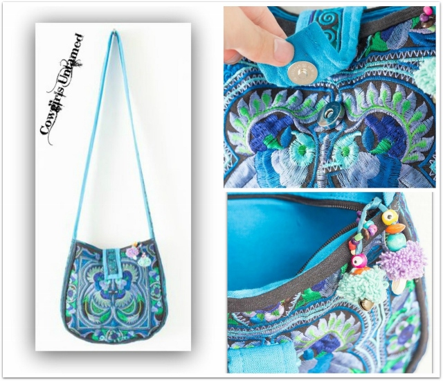 WILDFLOWER PURSE Turquoise Blue & Green Embroidered Floral Bird Embroidered Boho Gypsy Messenger Bag