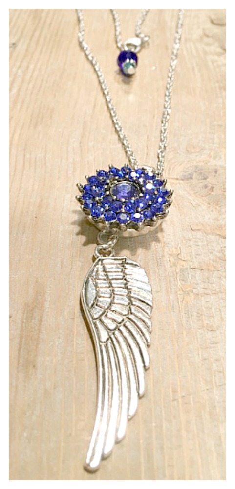 COWGIRL STYLE NECKLACE Blue Rhinestone Snap Charm on Angel Wing Pendant Necklace