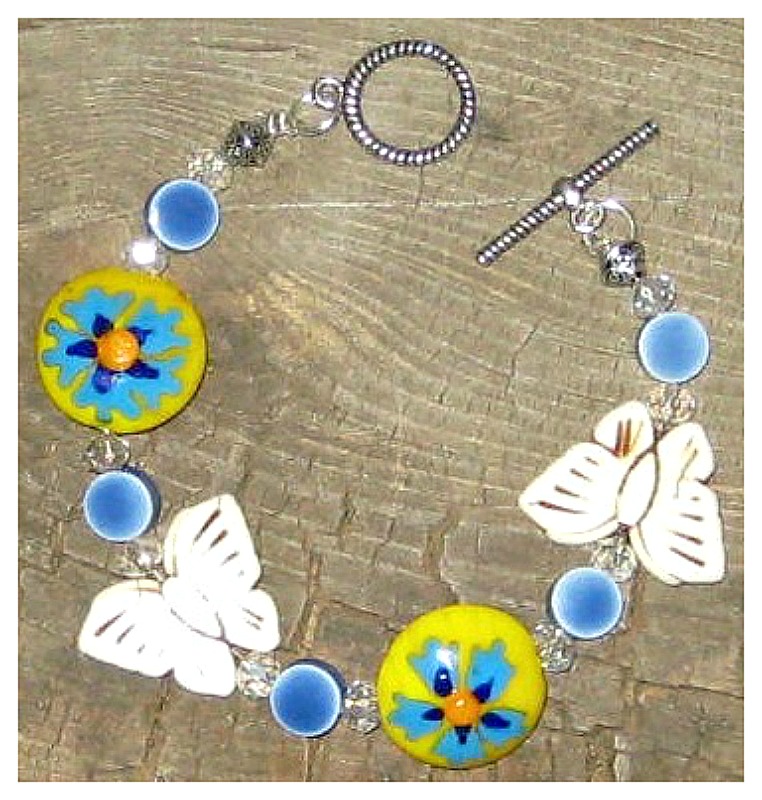 BOHEMIAN COWGIRL BRACELET Yellow Orange N Blue Flower with Butterfly Crystal N Blue Beaded Boho Bracelet