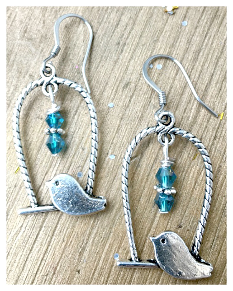 WILDFLOWER EARRINGS "Pretty Little Blue Bird" Blue Crystal Silver Birdcage Earrings