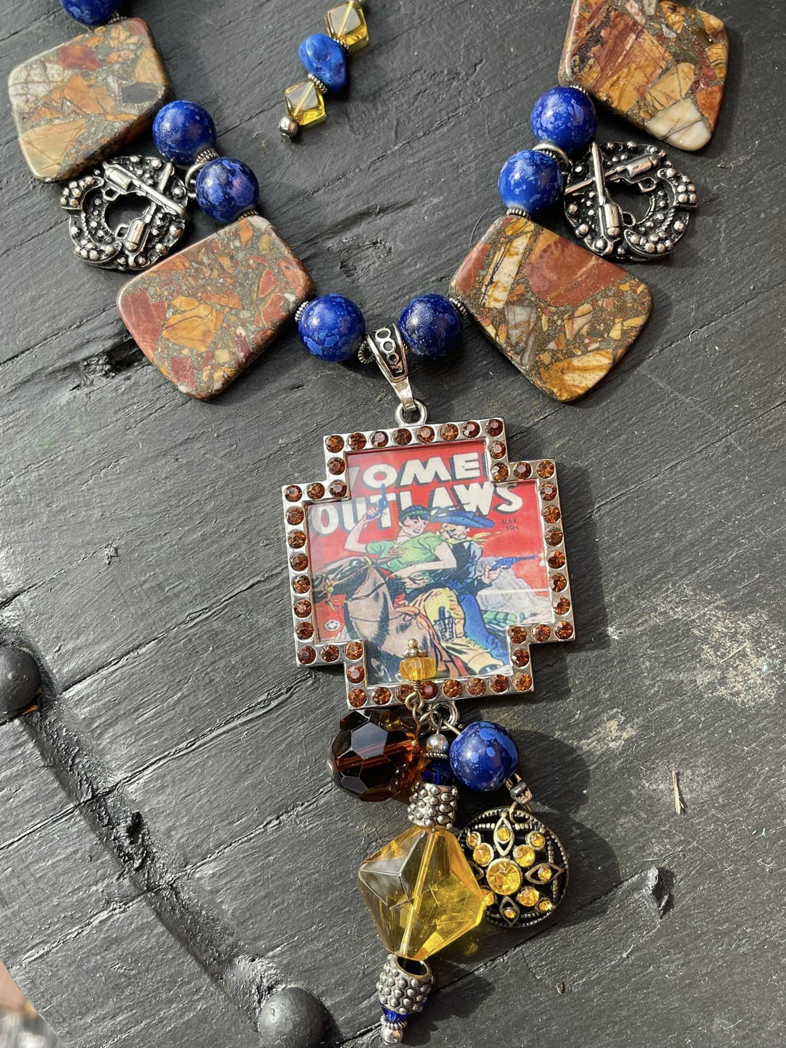 WOMEN OUTLAW NECKLACE Handmade Blue & Brown Jasper Gemstone Yellow Crystal Brown Yellow Beaded Sixshooter Charm Long Silver Western Pendant Necklace
