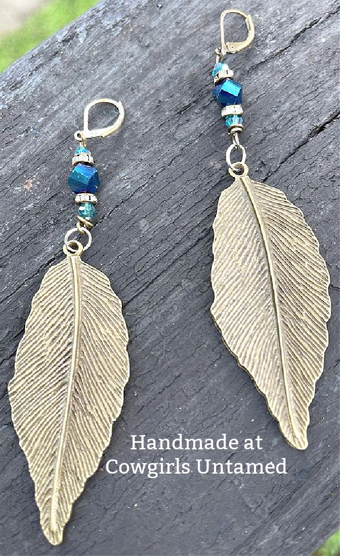 CRYSTAL FEATHER EARRINGS Handmade Blue Faceted Crystal & Rhinestone Long Antique Bronze Feather Earrings