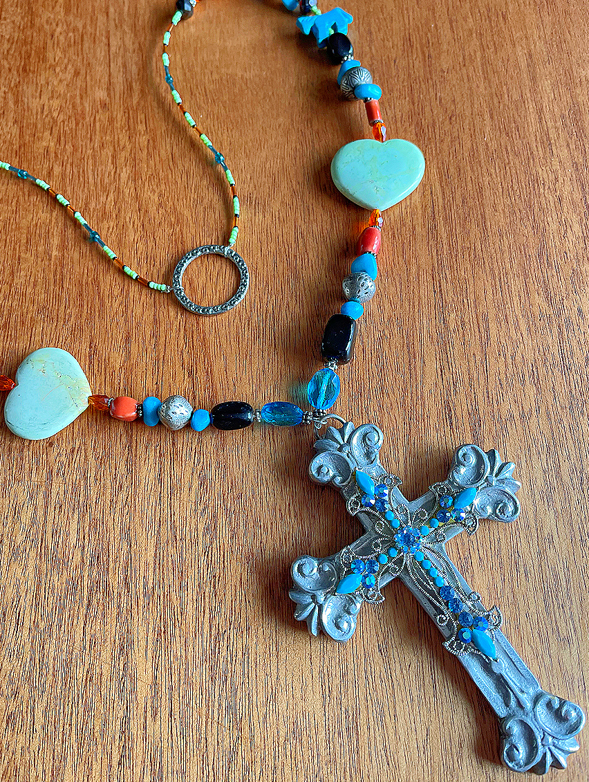 BOHEMIAN COWGIRL NECKLACE Handmade Blue Crystal Cross Large Pewter Pendant Turquoise Heart Horse Beaded Long Western Necklace