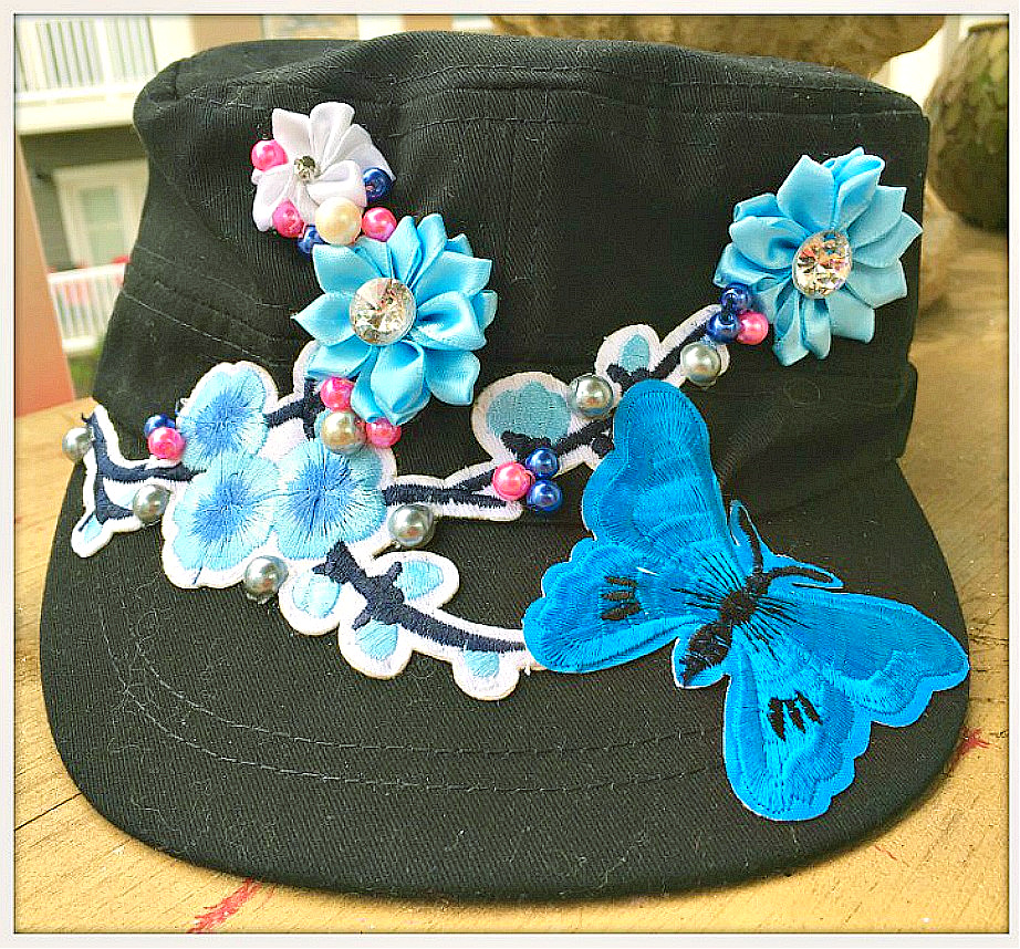 BOHEMIAN COWGIRL CAP Custom Blue and Pink Pearls Blue Butterfly Silk Flower Black Cadet Cap