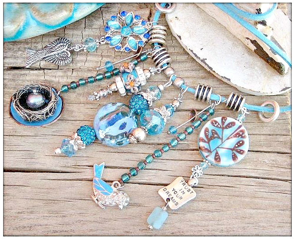 COWGIRL JUNK GYPSY NECKLACE Silver "Trust Your Dreams...Be Free"   Blue Crystal N' Charm Teal N Turquoise Gemstone Leather Necklace