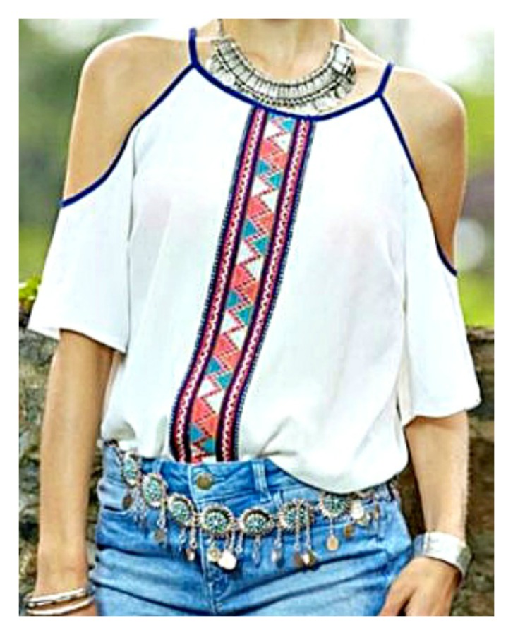 red and white cold shoulder top