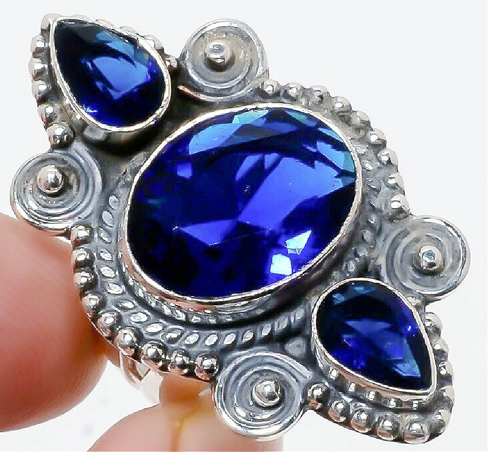 BOHO COWGIRL RING Vintage Style Blue Sapphire Gemstone 925 Sterling Silver Womens Ring SIZE 7