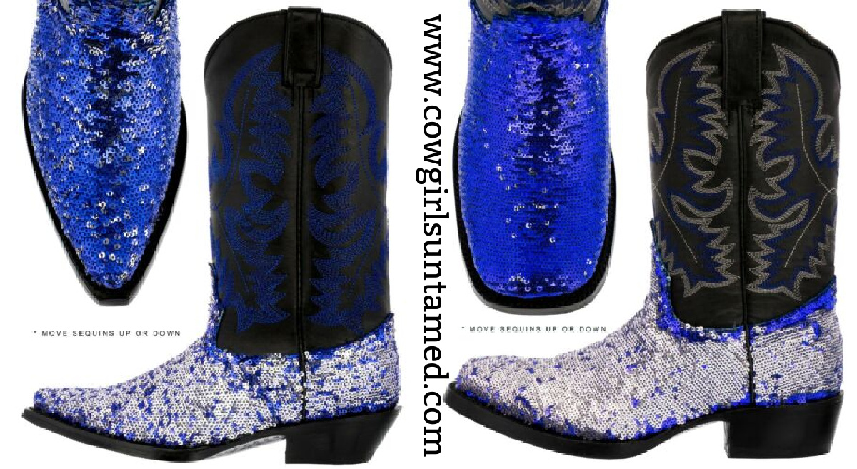 BLING COWGIRL BOOTS Blue Flip Sequin Embroidered Black Genuine Leather Cowgirl Boots SIZES 5-10.5