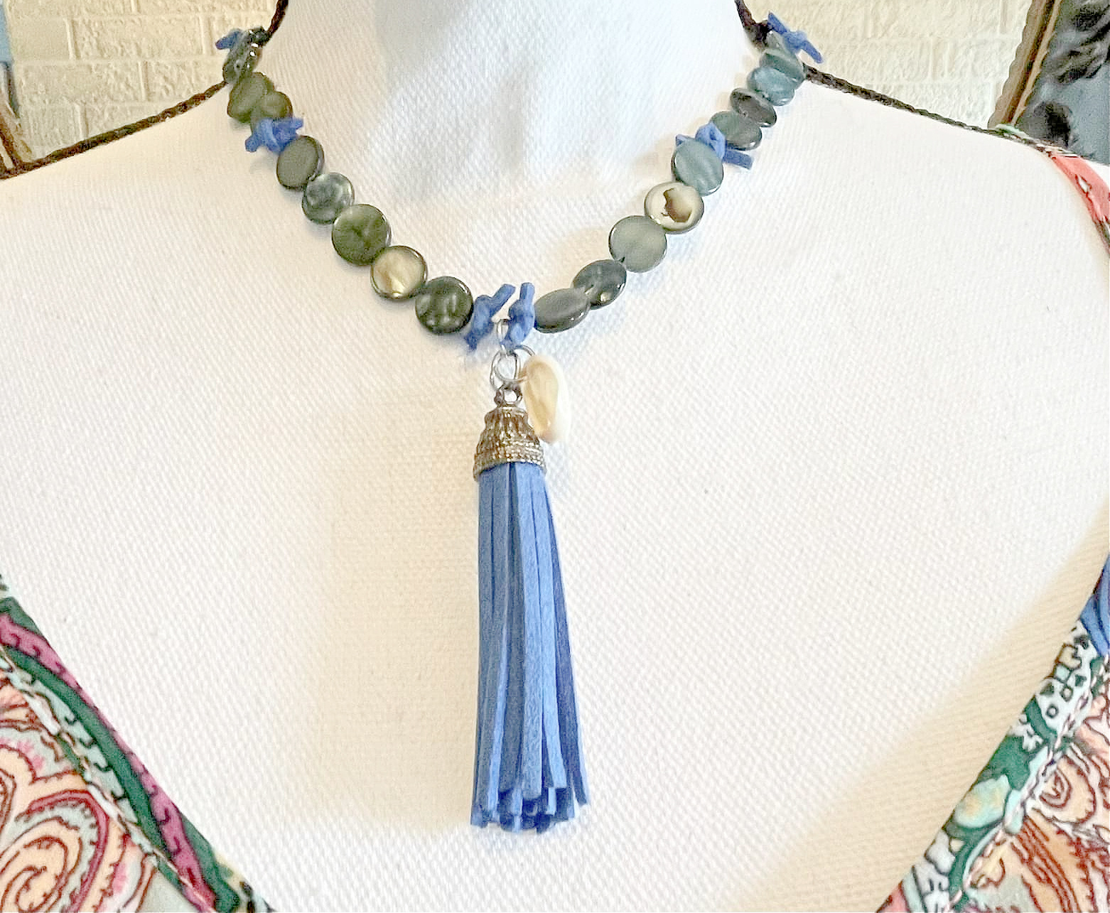 INTO THE BLUE NECKLACE Custom Blue Abalone Shell Cowrie Charm Blue Leather Silver Tassel Pendant Short Silver Necklace