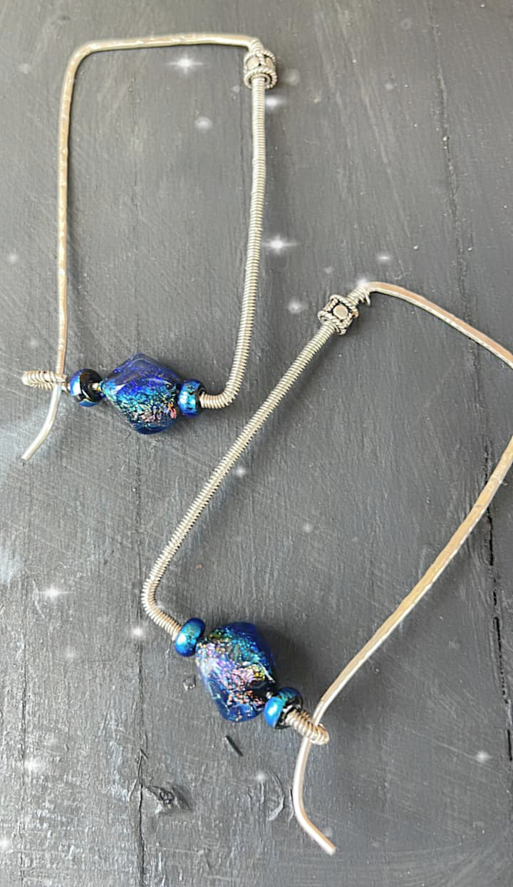 MODERN EARRINGS Cobalt Blue Stones on Antique Silver Square Wire Hoop Western Earrings
