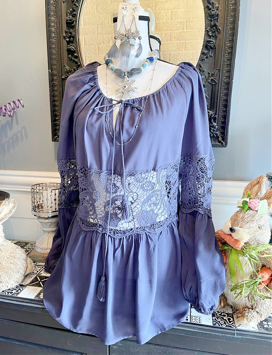 UMGEE PEASANT TOP Sheer Lace Insert Navy Blue Tie Neckline Long Sleeve Womens Peasant Blouse