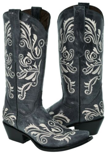 THE GRANADA BOOT Womens White Embroidery on Blue Genuine Leather Cowgirl Riding Boots 5-10.5