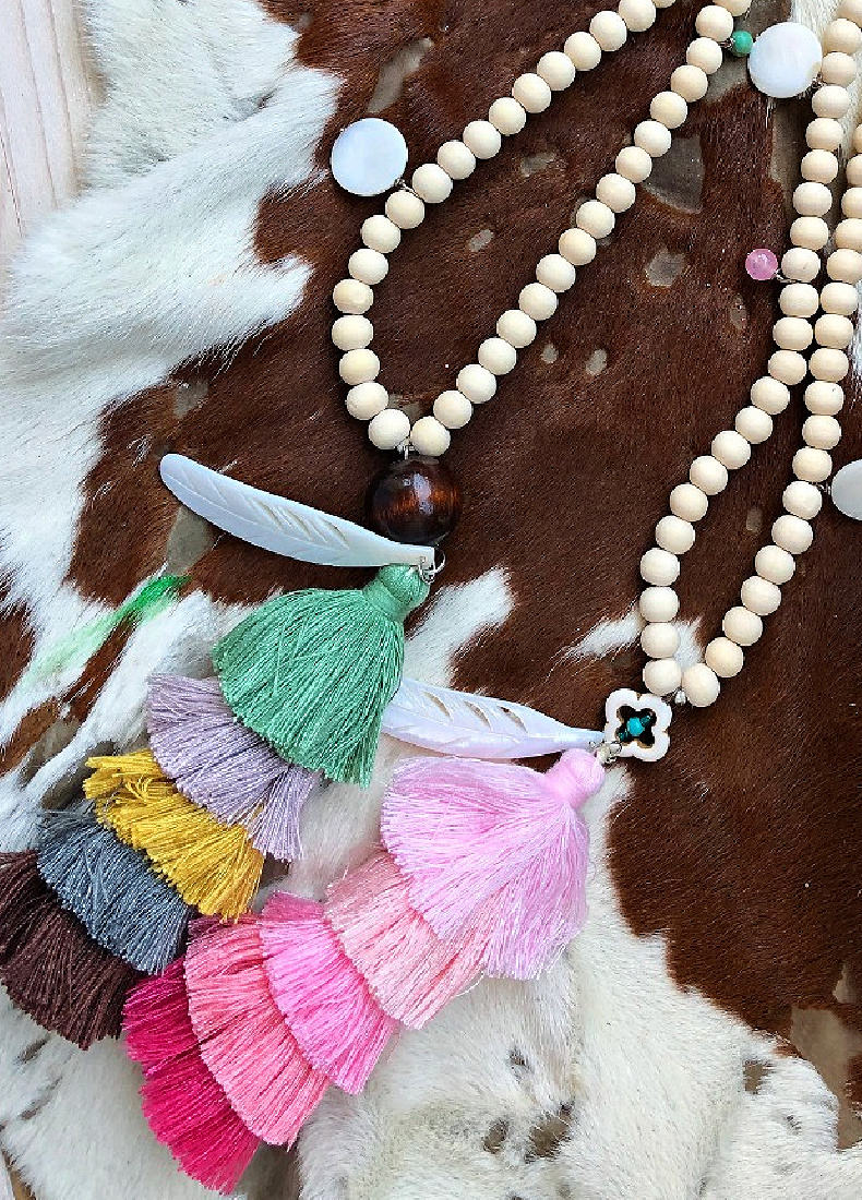 THE BOHO TASSEL NECKLACE Shell Feather Charm Long Beige Beaded Multi Color Tiered Large Tassel Boho Necklace 2 COLORS!