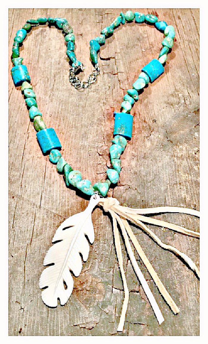 GYPSY SOUL NECKLACE Bone Carved Feather & Leather Tassel Pendant on Genuine Turquoise Boho Beaded Necklace
