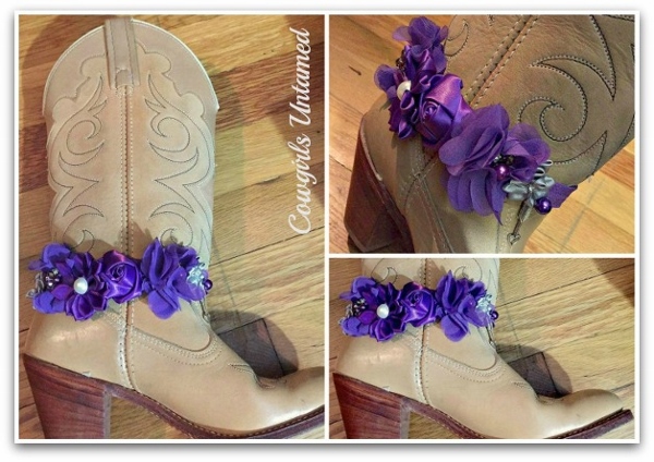 WILDFLOWER BOOT GARTER  Purple Silk Rose and Ribbon with Pearls & Crystals and Antique Silver Horse Charm Boot Cuff