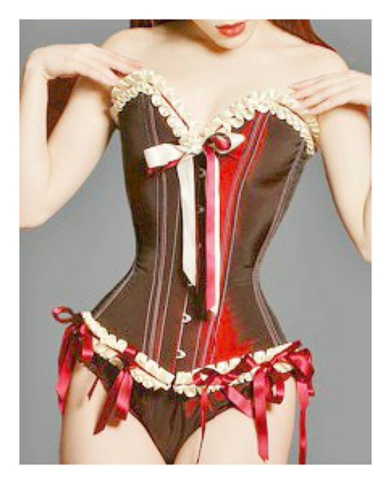 CORSET - Brick Red and White Ruffle Bow Satin Boned Bustier Corset Lingerie LAST ONE SMALL