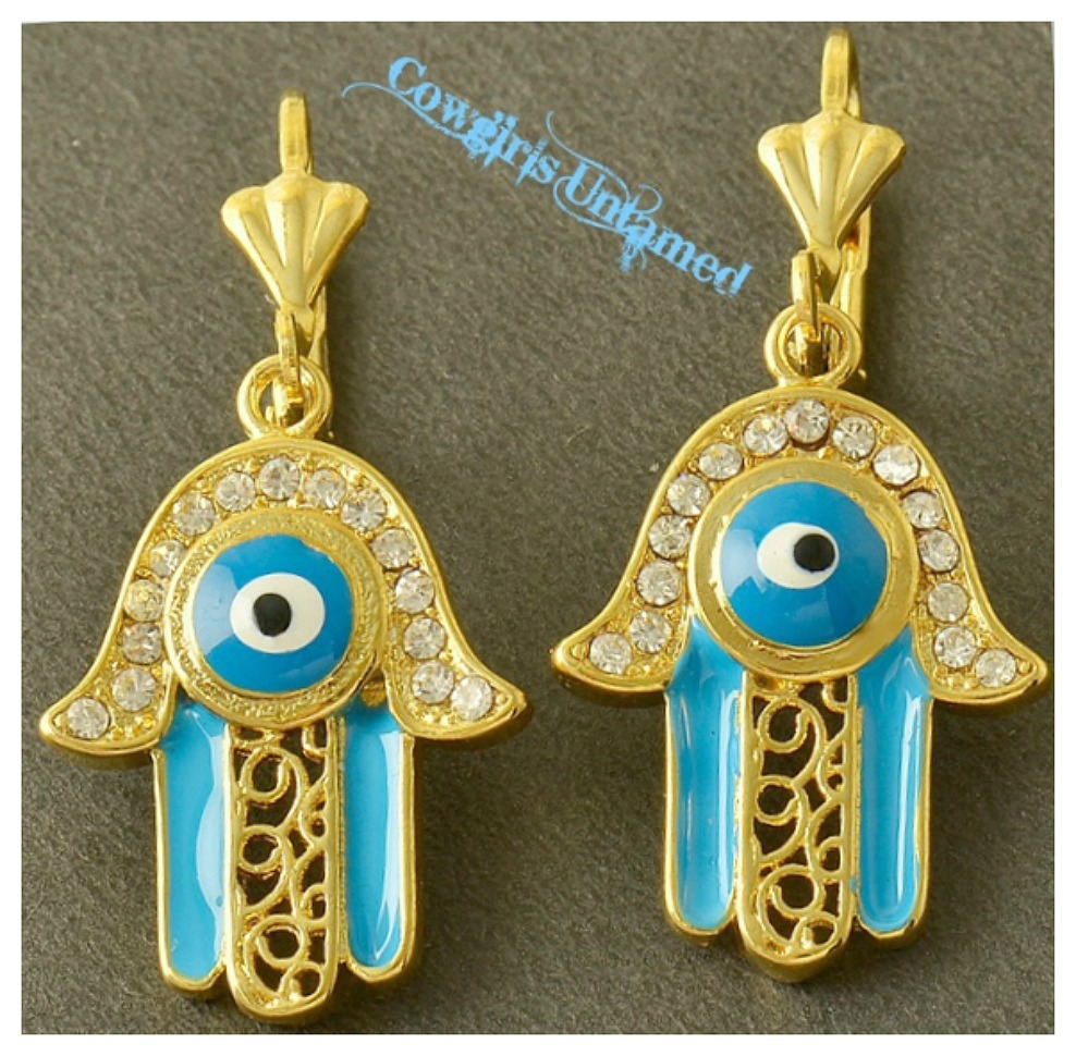 EVIL EYE EARRINGS Bright Blue Enamel Evil Eye CZ Filigree Hand 9K Gold Filled Boho Earrings