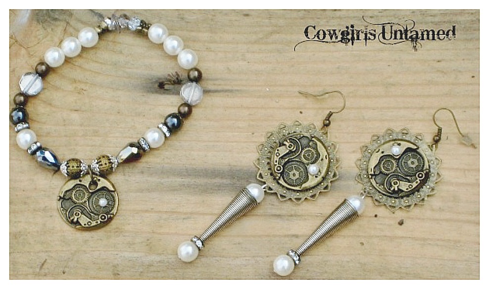 COWGIRL JUNK GYPSY BRACELET SET Antique Bronze Pearls and Silver Clockworks Bracelet & Earring Set