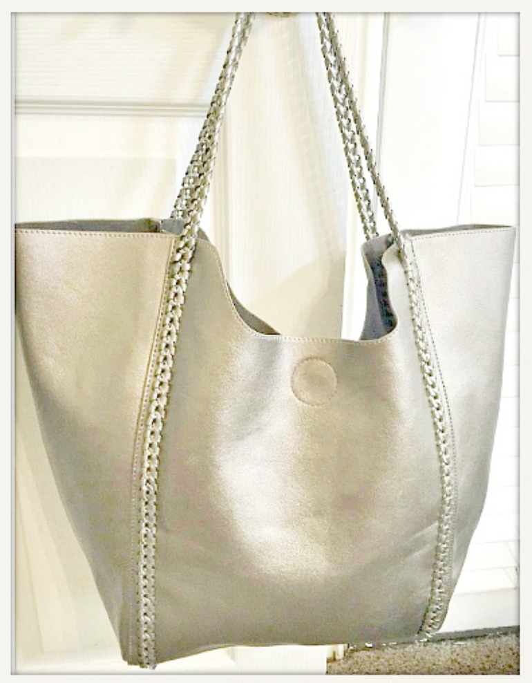TOUCH OF GLAM TOTE Large Pewter Leather Tote with Gunmetal Chain Braided Leather Detail