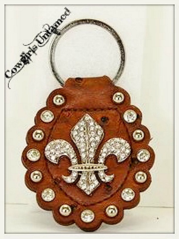 COWGIRL STYLE KEYCHAIN Silver Rhinestone Fleur De Lis and Rhinestone Studded GENUINE Brown Leather Keychain