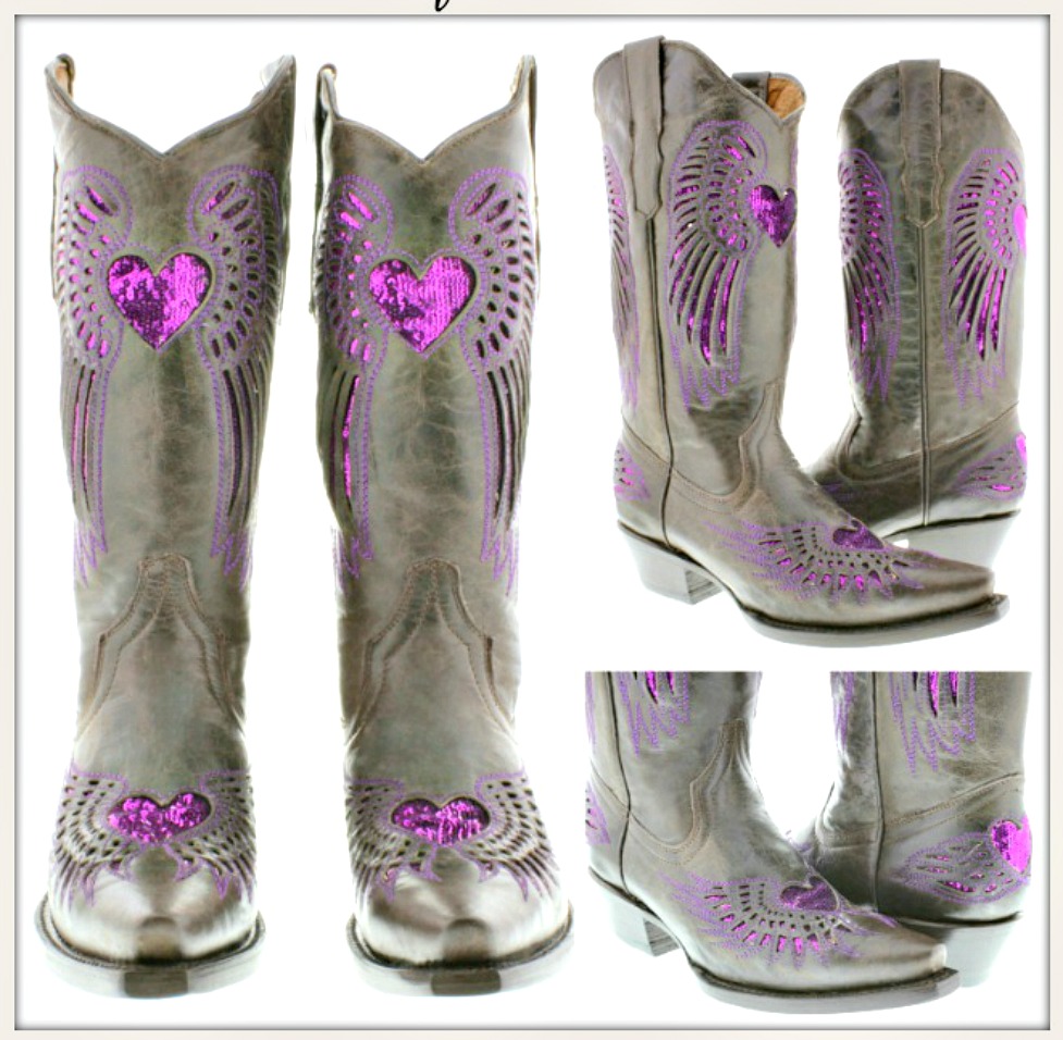 COWGIRL SEQUIN BOOTS Purple Sequin Angel Wings Genuine Brown Leather Snip Toe Boots Heart, Fleur de Lis, Cross Size 5-11
