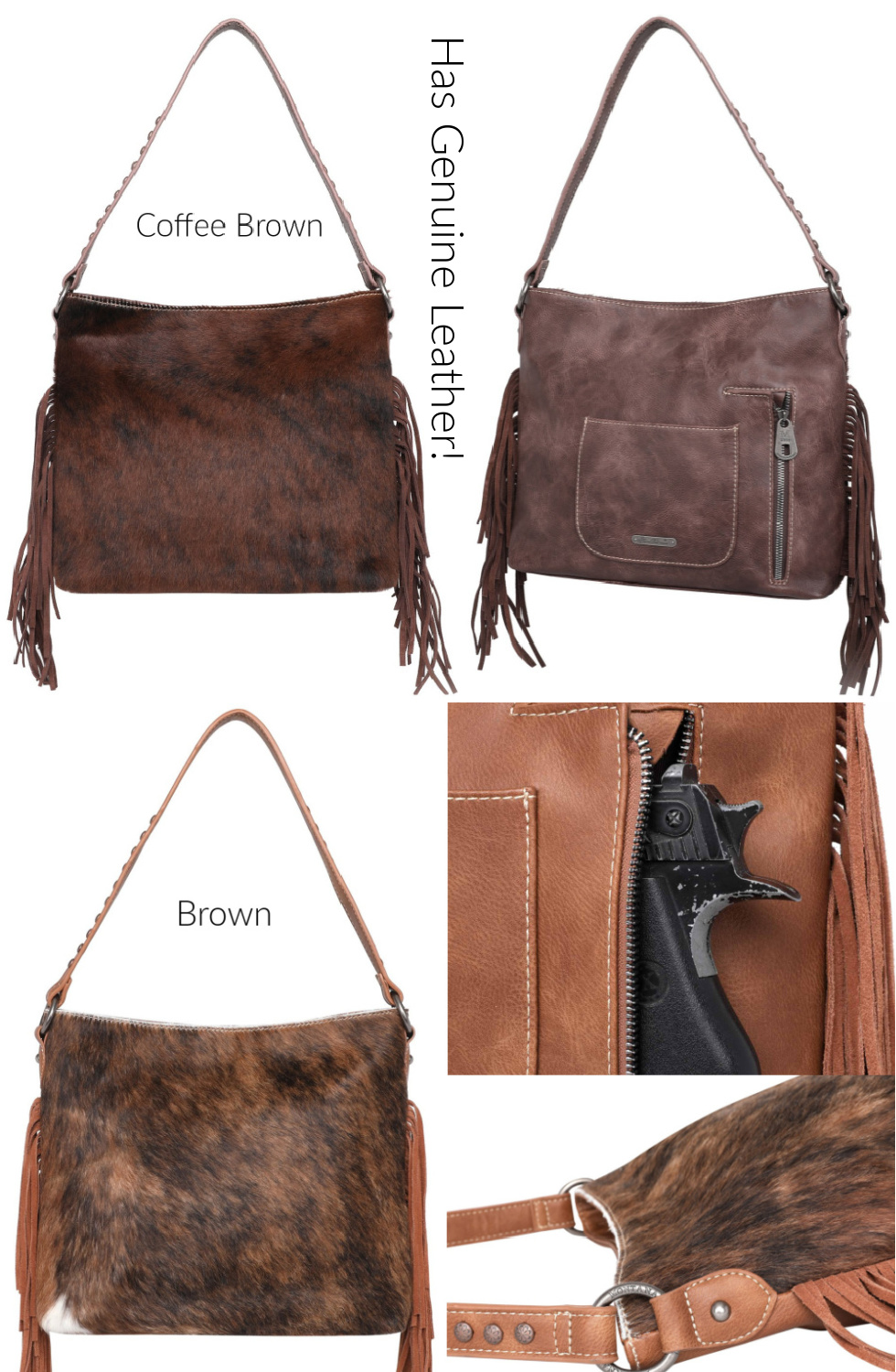 BOHEMIAN COWGIRL PURSE - Trinity Ranch Hair-On Cowhide Leather Concealed Carry Fringe Western Hobo 2 COLORS