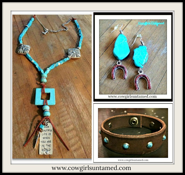 WESTERN COWGIRL EARRINGS Turquoise And Brown Leather Silver Horseshoe WESTERN COWGIRL EARRINGS Turquoise And Brown Leather Silver Horseshoe