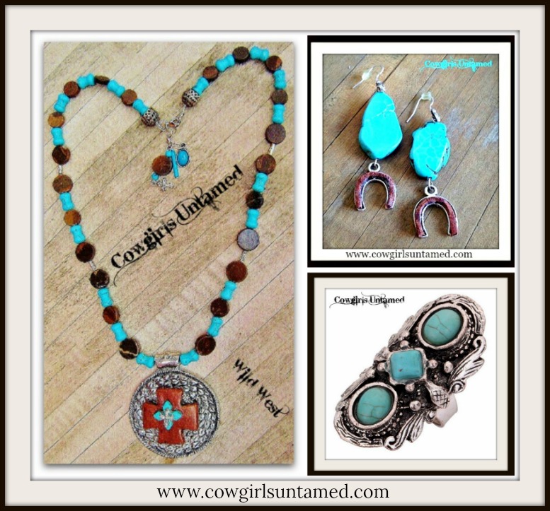 WESTERN COWGIRL EARRINGS Turquoise And Brown Leather Silver Horseshoe WESTERN COWGIRL EARRINGS Turquoise And Brown Leather Silver Horseshoe
