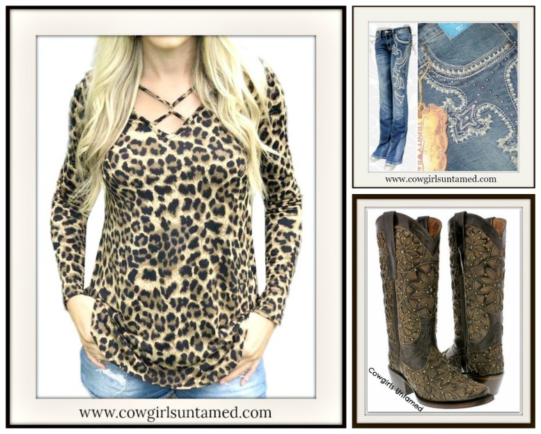 Criss Cross Neckline Long Sleeve Brown Leopard Top, top, shirt, blouse ...