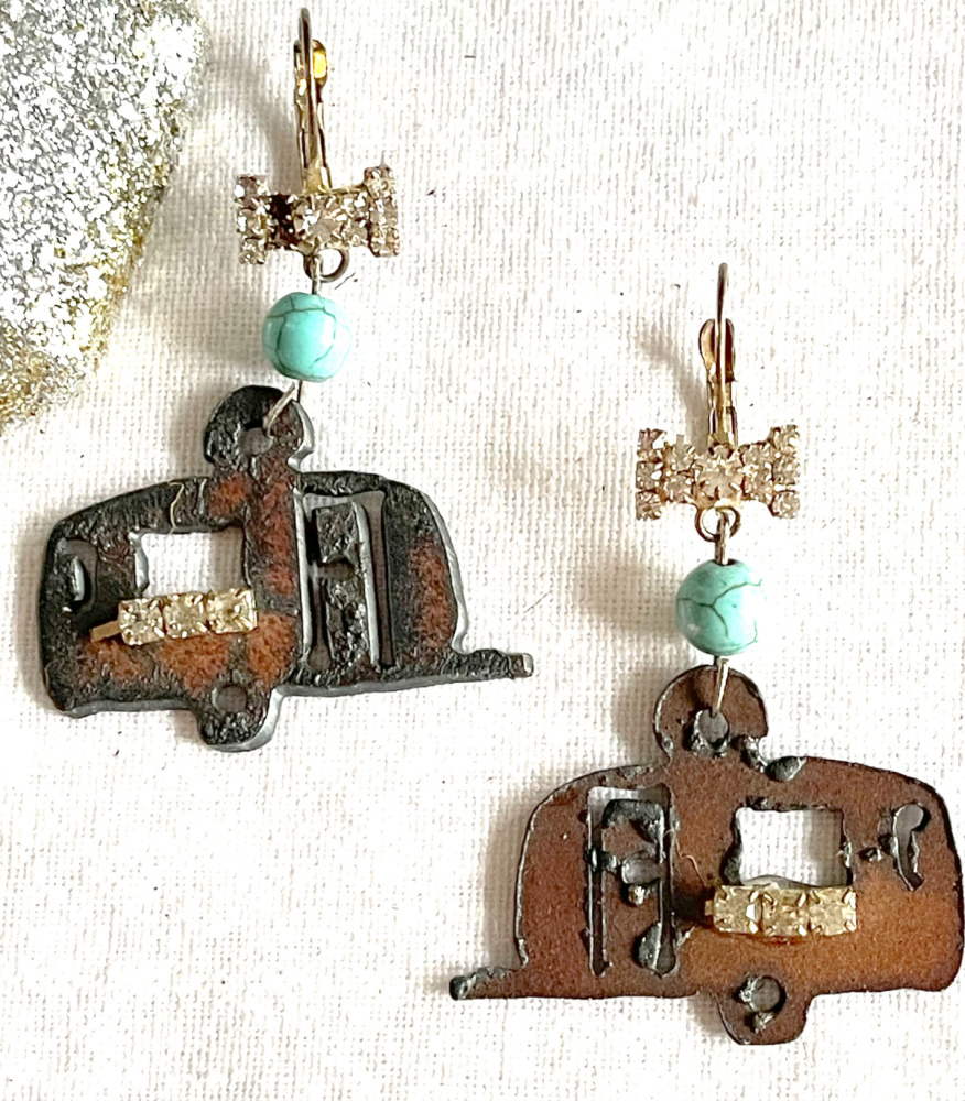 ON the ROAD EARRINGS Handmade Rustic Metal Trailer Turquoise Rhinestone Silver Dangle Earrings LAST PAIR