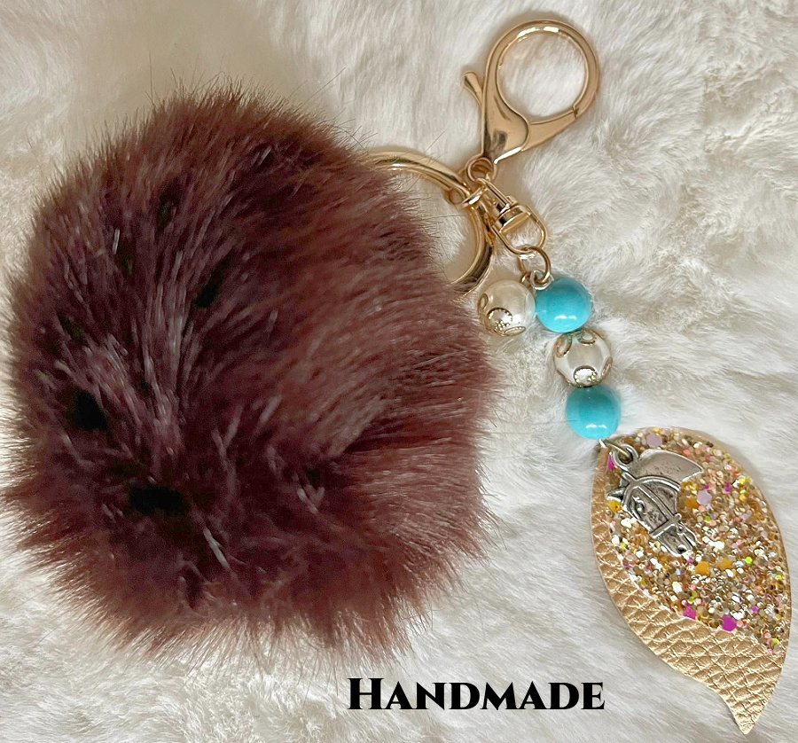 COWGIRL KEY CHAIN Handmade Turquoise Beaded Pearl Silver Horse Gold Leather Charm Brown Faux Fur Pom Purse Accessory / Key Chain