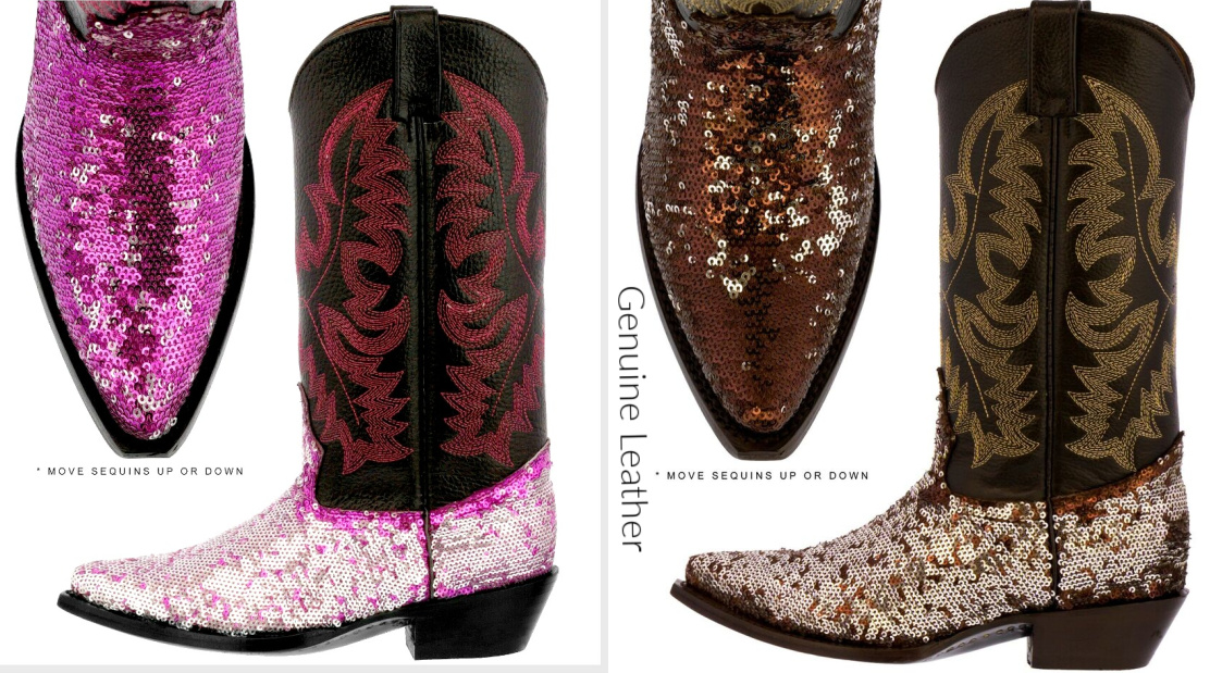 BLING COWGIRL BOOTS Pink or Brown Flip Sequin Embroidered Black Genuine Leather Cowgirl Boots SIZES 5-10.5
