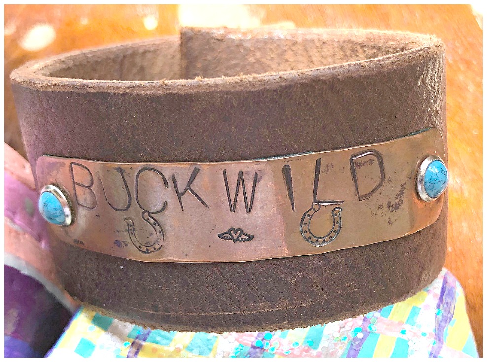 COWGIRL ATTITUDE CUFF "Buckwild" on Copper w/ Turquoise Studs Brown Leather Cuff Bracelet LAST ONE