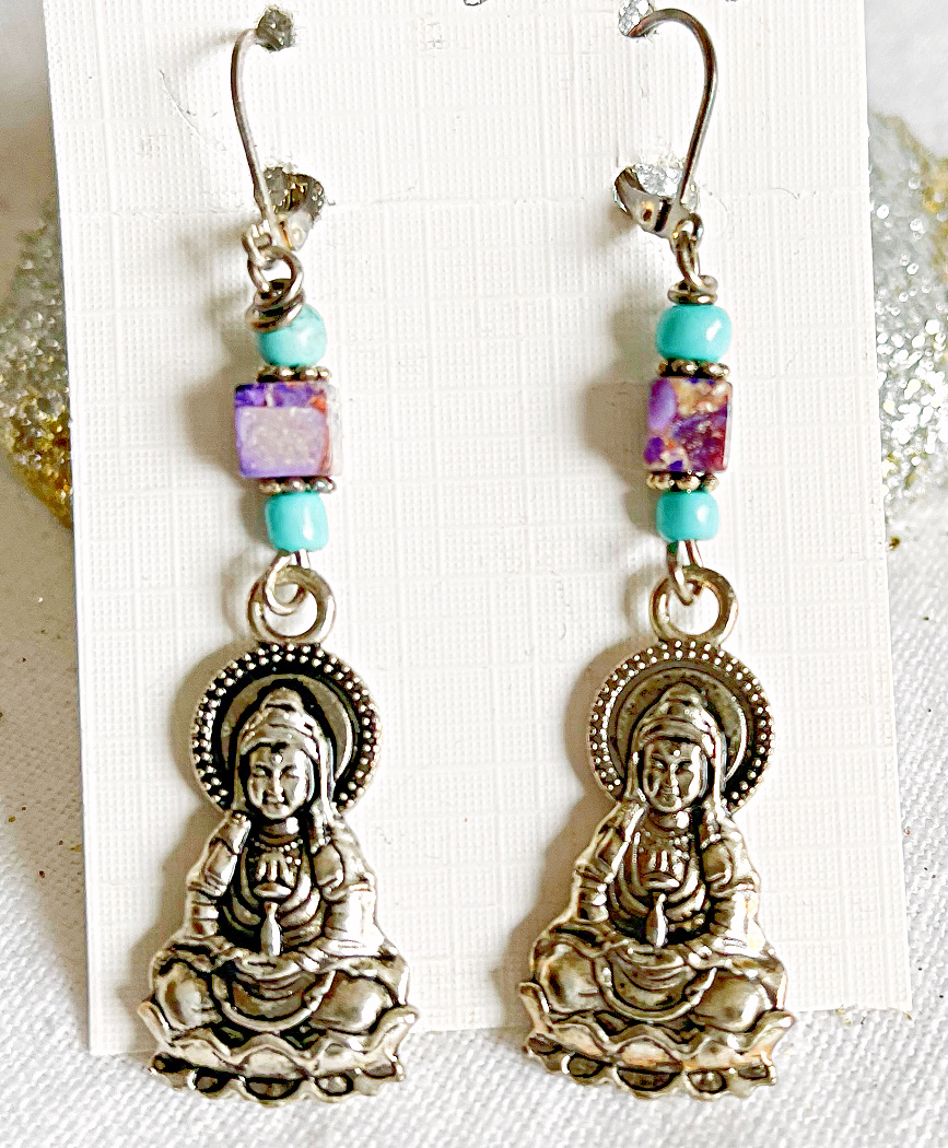 BOHEMIAN COWGIRL EARRINGS Handmade Antique Silver Buddha Beaded Purple Jasper Gemstone Turquoise Silver Dangle Earrings