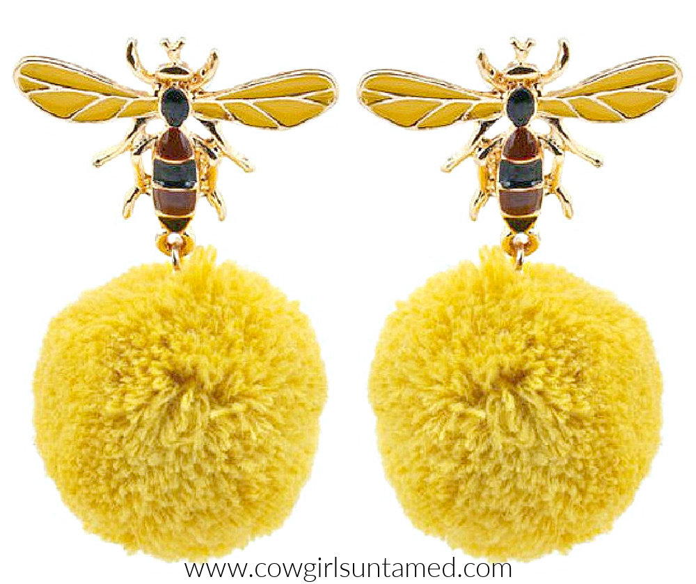 THE BUMBLE EARRINGS Cute Yellow & Black Bumble Bee Dangle Earrings Pom Pom Ball