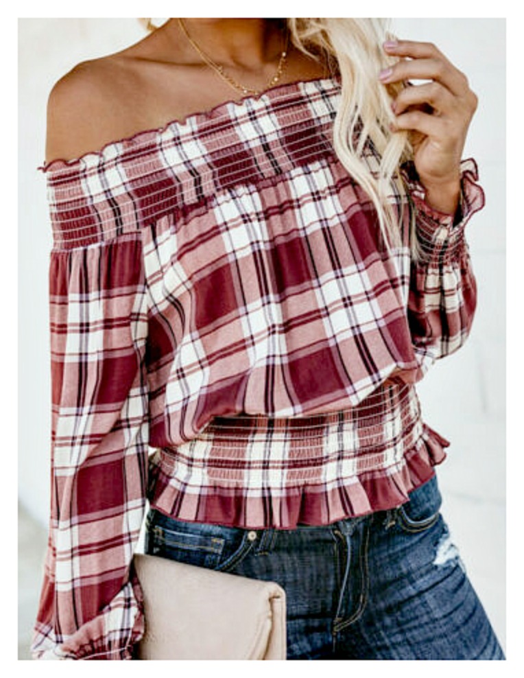 THE GEORGIANNE TOP Burgundy & Off White Plaid Long Sleeve Off the Shoulder Smocked Blouse
