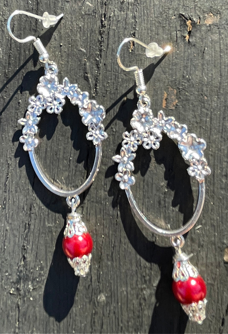 LADY IN RED EARRINGS Custom Silver Floral Hoops Vintage Burgundy Red Pearl Charm Dangle Earrings