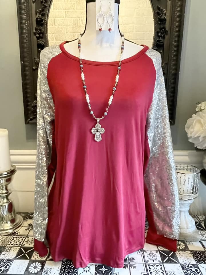 THE TAYLOR TOP Silver Sequin Long Sleeve Burgundy Casual Womens Shirt Top - 3 LEFT