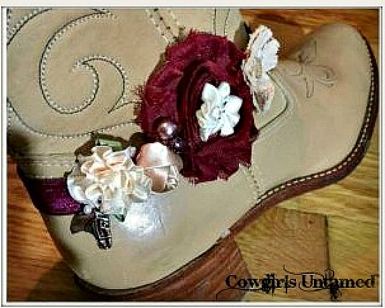 WILDFLOWER BOOT GARTER Burgundy Chiffon, Cream Silk and Burlap Flowers with Pearls & Crystals and Antique Silver Horse Charm Boot Cuff