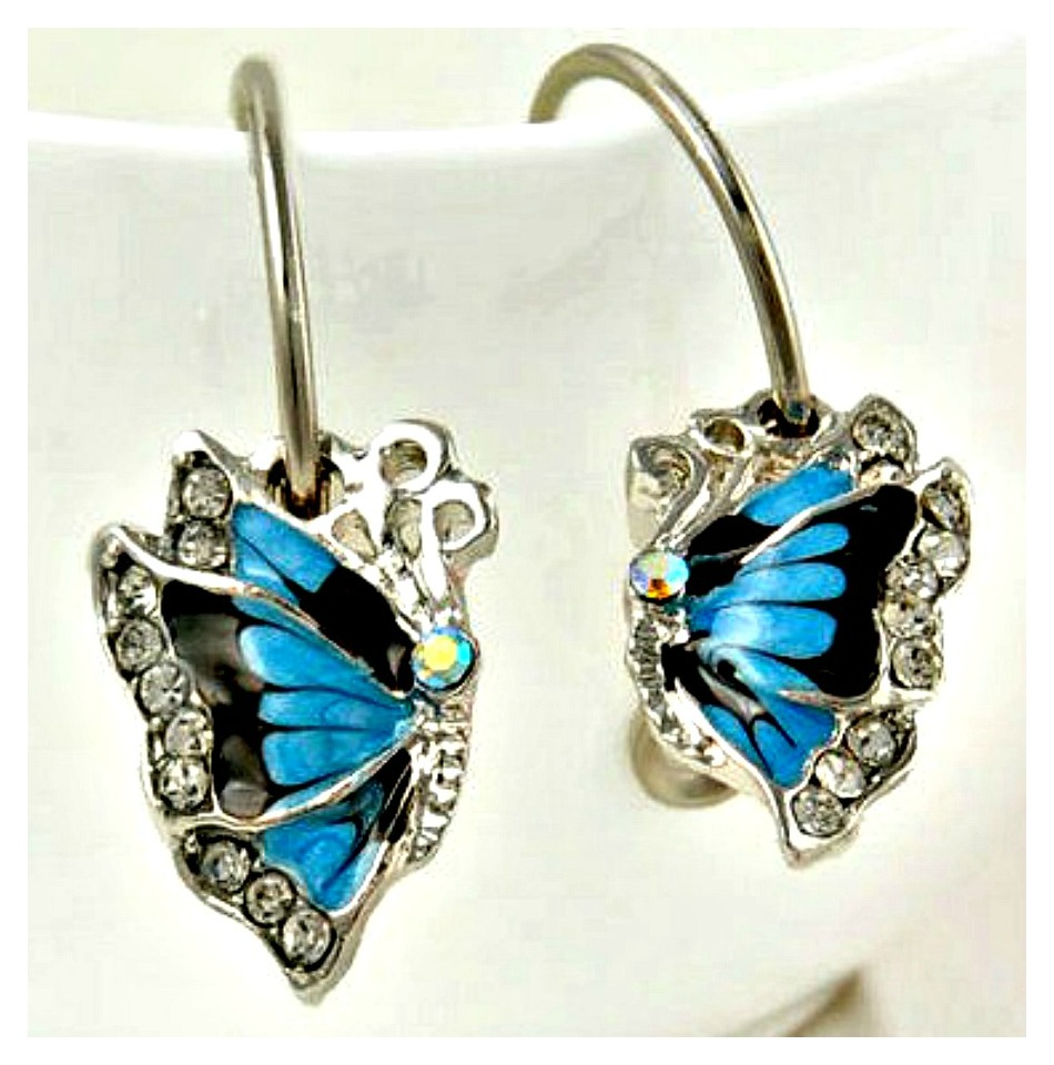 BUTTERFLY EARRINGS Small Silver Hoop Blue & Black Enamel & Crystal Rhinestone Butterfly Earrings