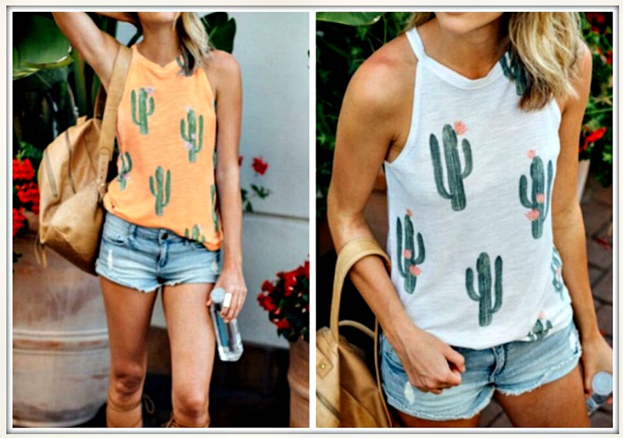 THE CACTI TOP Green Cactus Pink Flower High Neck Top  2 COLORS S/M, M/L or L/XL TOP SELLER