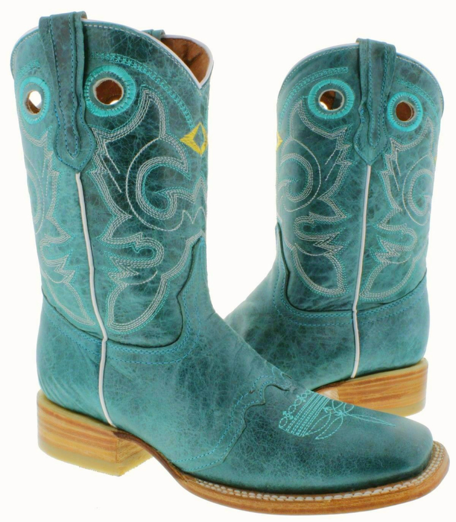 THE PROFESSIONAL COWGIRL BOOT Womens Turquoise Mid Calf GENUINE Leather Pull On Square Toe Cowboy Boots SIZES 6.5-10