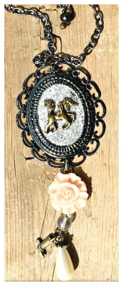 VINTAGE COWGIRL NECKLACE Antique Bronze Horse Cameo Pink Rose Pearl Boot Crystal Charm Necklace