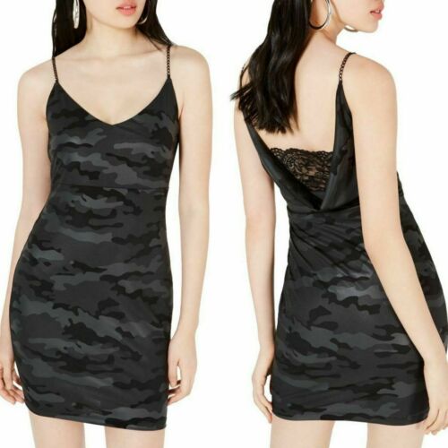 A NIGHT OUT DRESS Black Camouflage Chain Strap & Lace Back Womens Bodycon Short Sheath Dress