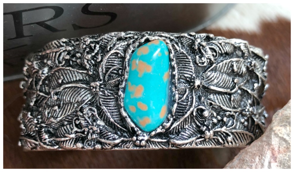 BOHEMIAN COWGIRL BRACELET Carved Wide Antique Silver Turquoise Cuff Bracelet