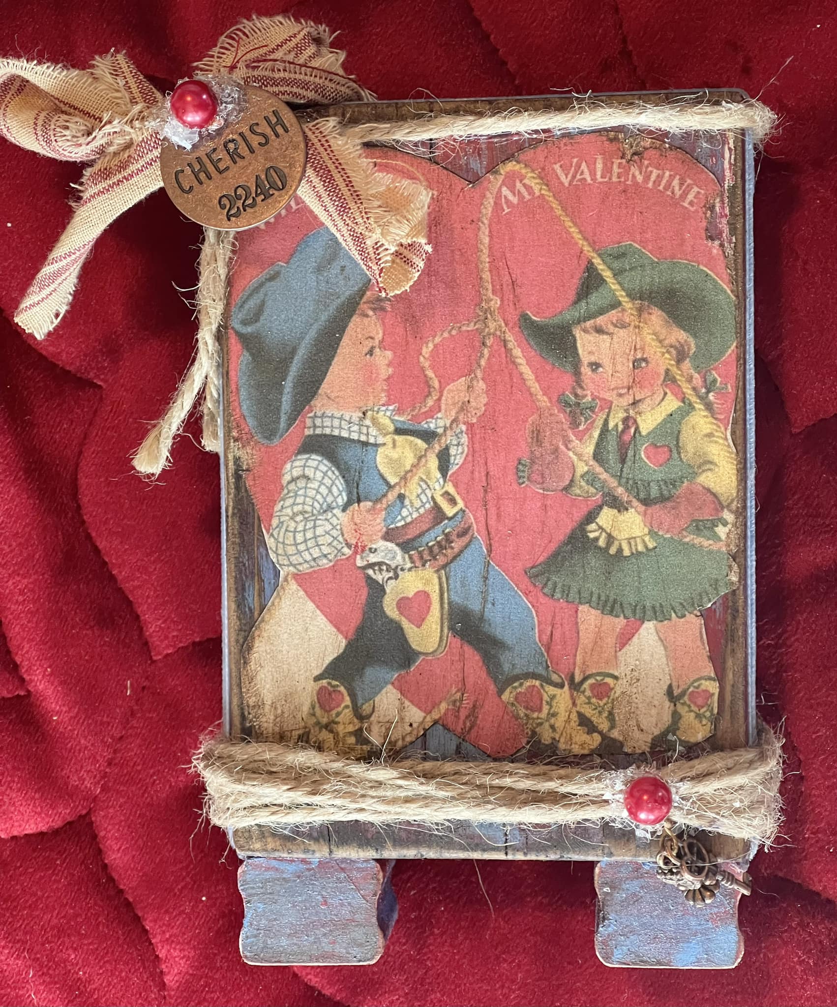 VINTAGE VALENTINES Handmade Vintage Retro Valentines Day Cowboy Ropin' a Cowgirl "Cherish" Heart 7 Key Charms Primitive Bow Jute Rope Blue Velvet Red Distressed Wood Block Sign Tiered Tray Western Decor