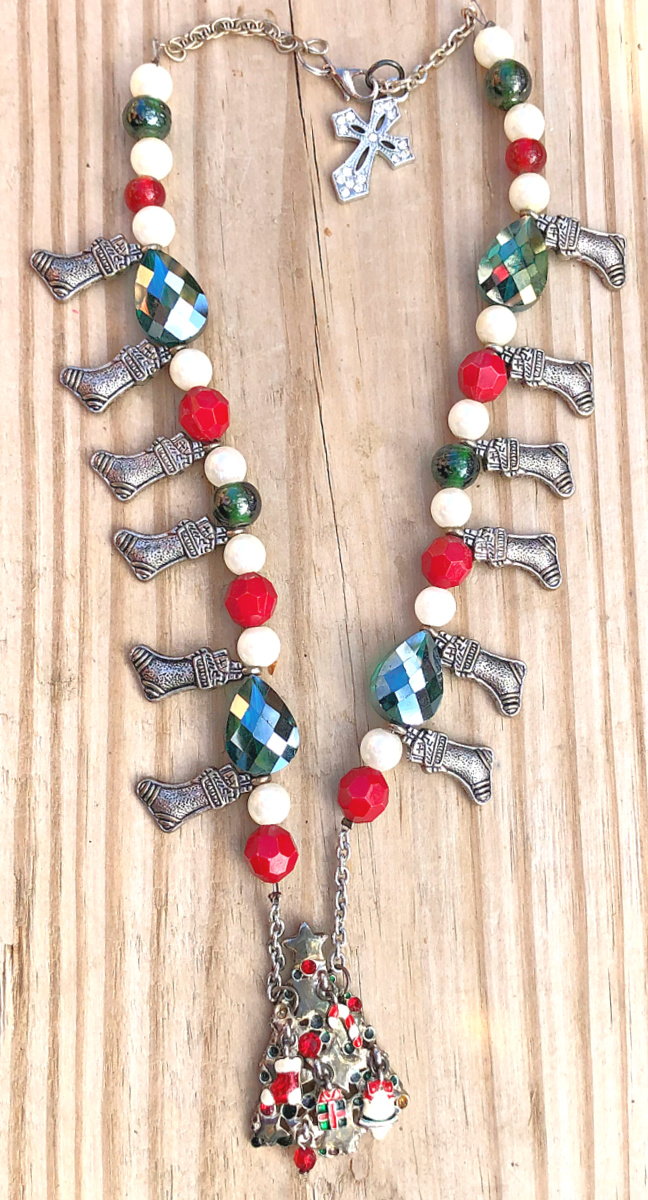 COWGIRL CHRISTMAS NECKLACE Tree Pendant Stocking Charms Crystal Pearl Chunky Beaded Necklace
