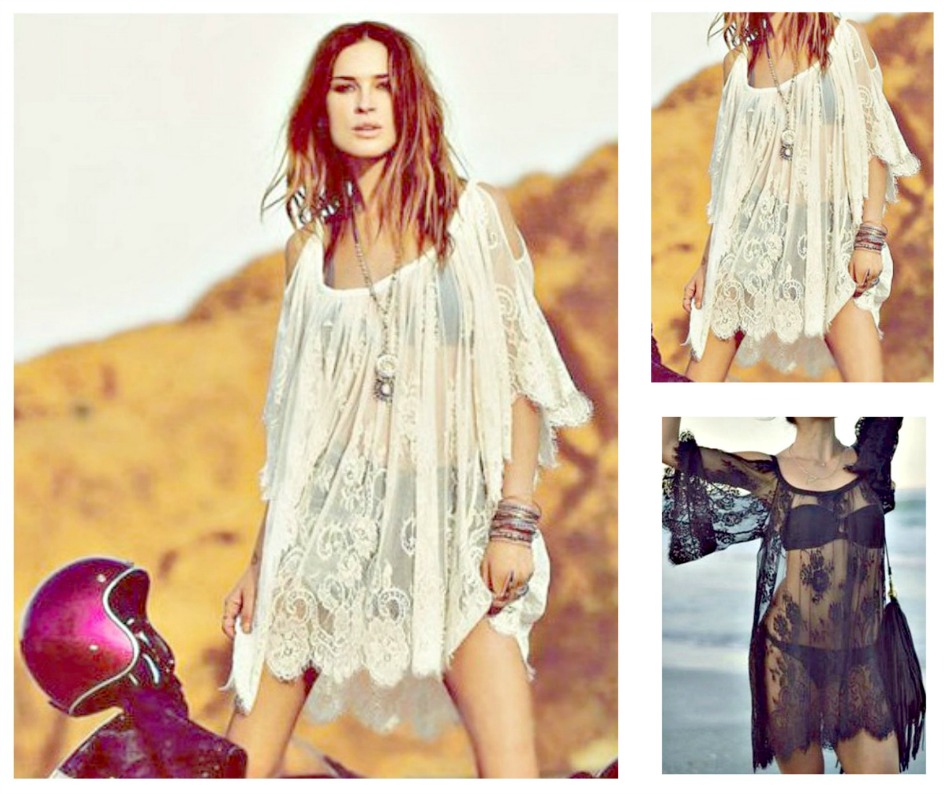 BOHEMIAN COWGIRL TOP Open Cold Shoulder Oversized Sheer Lace Boho Cover Up/ Top 2 COLORS