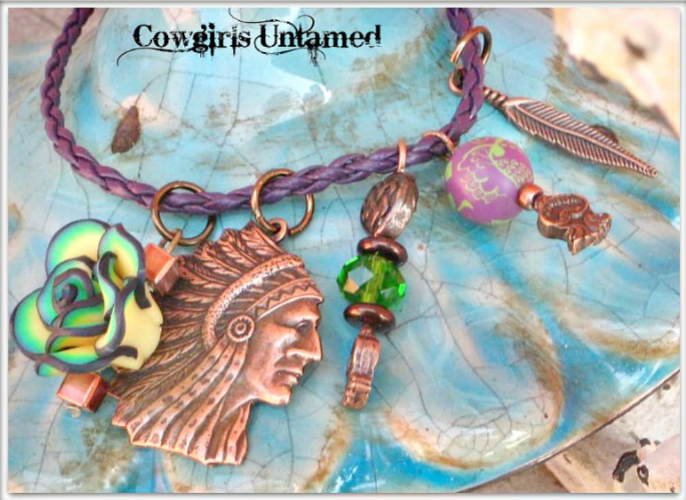 COWGIRL STYLE BRACELET Copper Indian Chief & Crystal Charms Purple Leather Bracelet