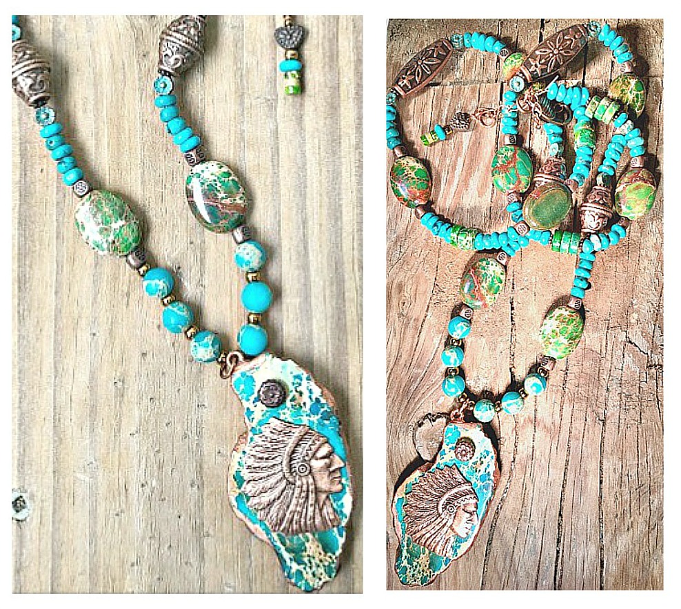 Copper Indian Chief & Heart on Large Jasper Pendant on Gemstone Beaded